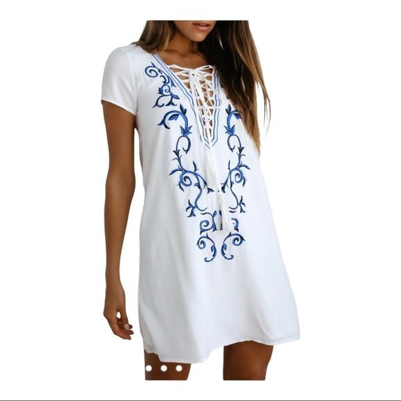 Lulu’s Down in Kokomo Ivory Embroidered Shift Dress S Festival Bridal Flowy - Picture 2 of 12